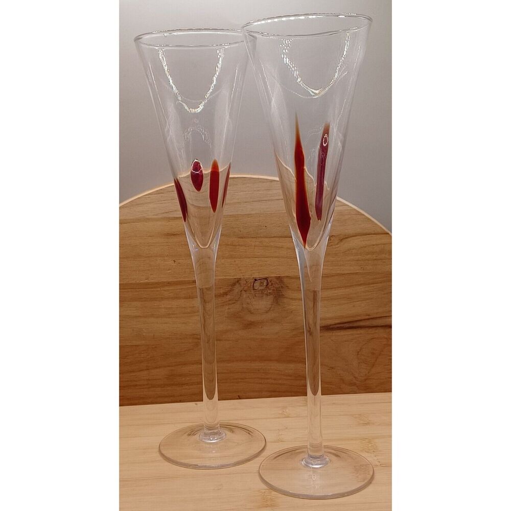 Vintage Hand Blown Blood Red Drip Art Glass Stylish Champagne Wine Glasses